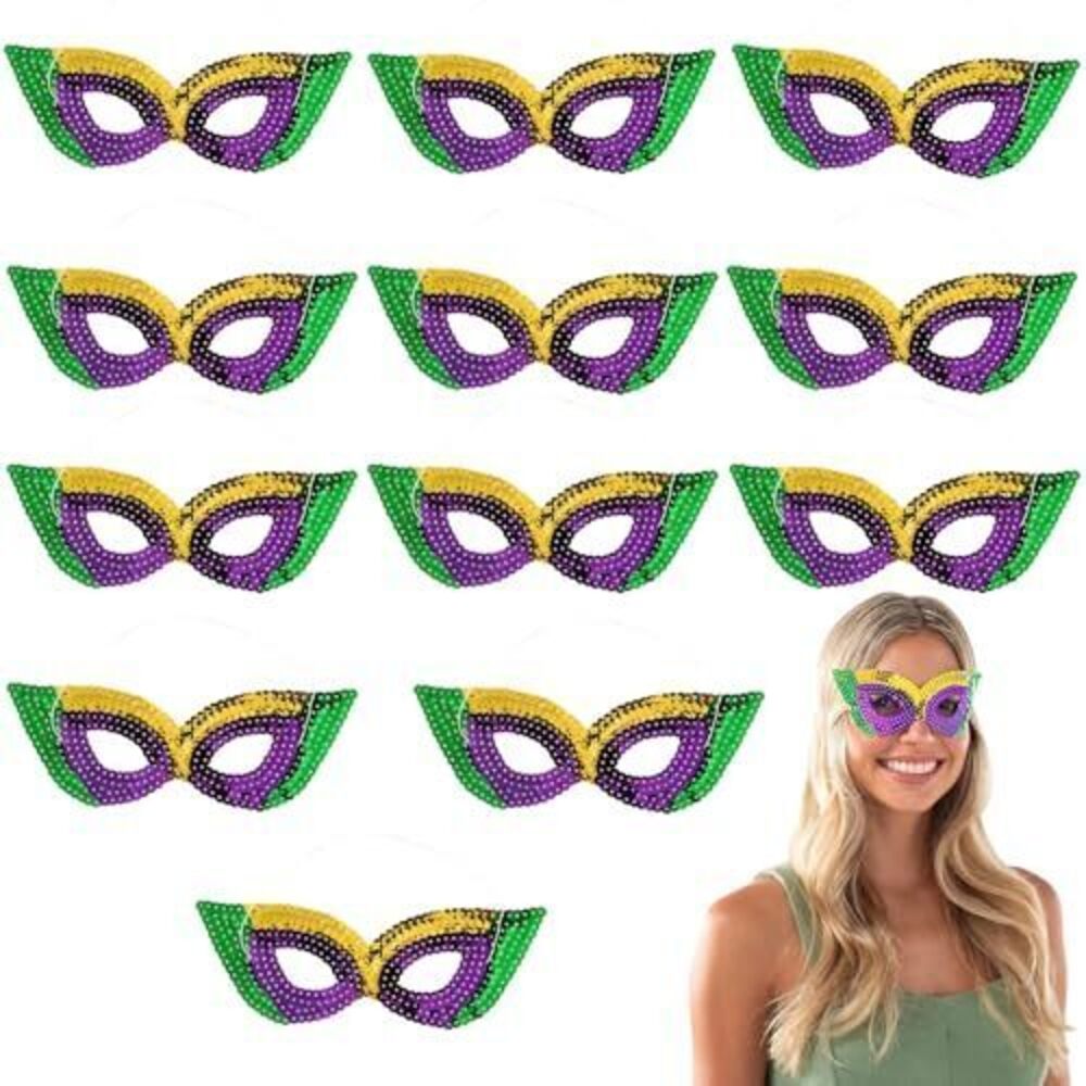 3883 7 1/4" x 2 3/4" Green, Gold & Purple Sequin Mardi Gras Masks - 12